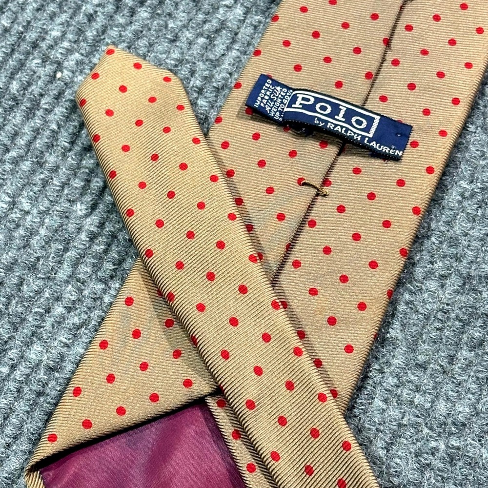 Vintage Polo Ralph Lauren Tie Mens Tan Red Polka Dot Silk Necktie 3.5" Preppy
